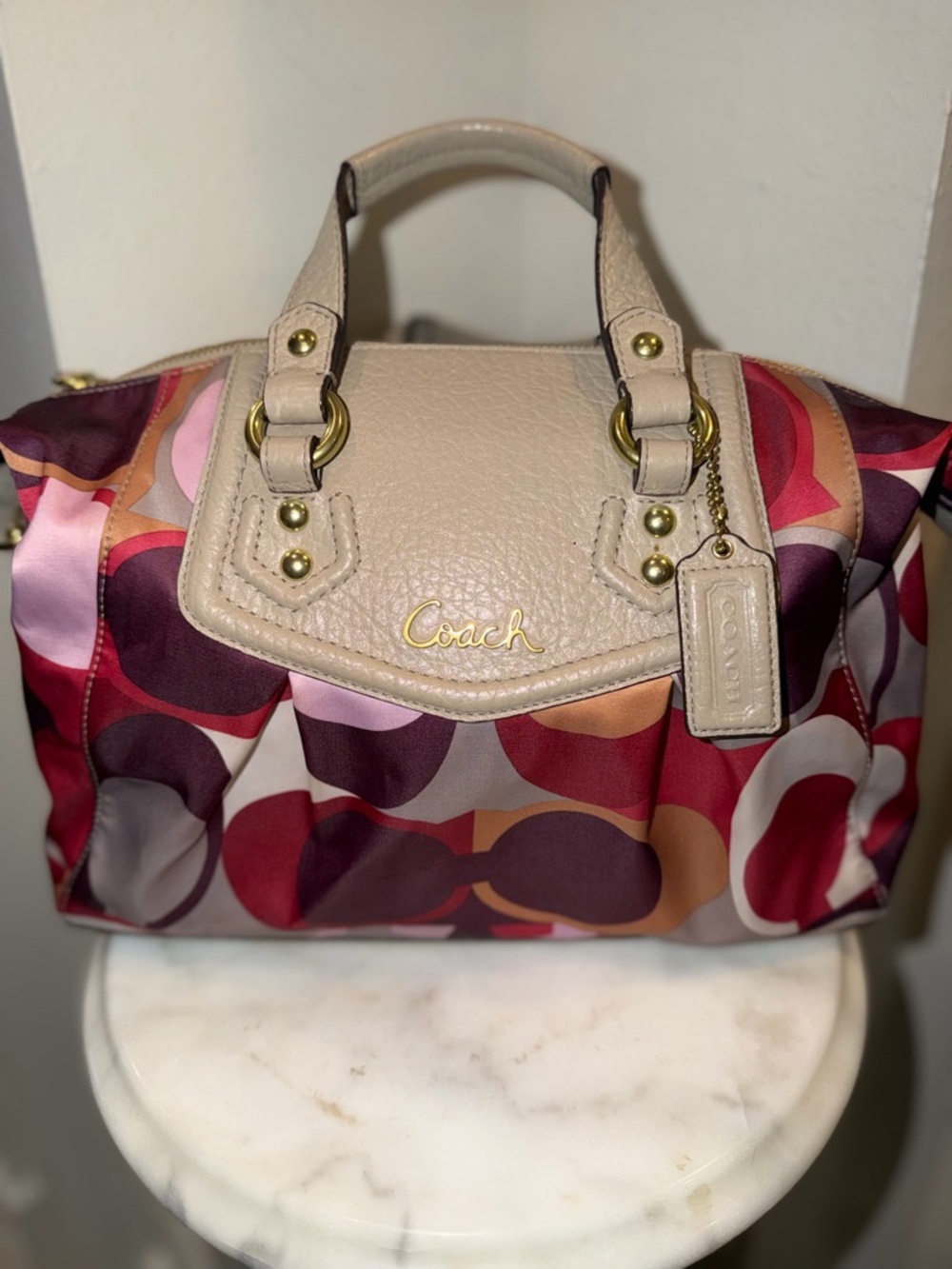 Coach Ashley Scarf Print in Signature Print Satchel with Beige Leather Trim